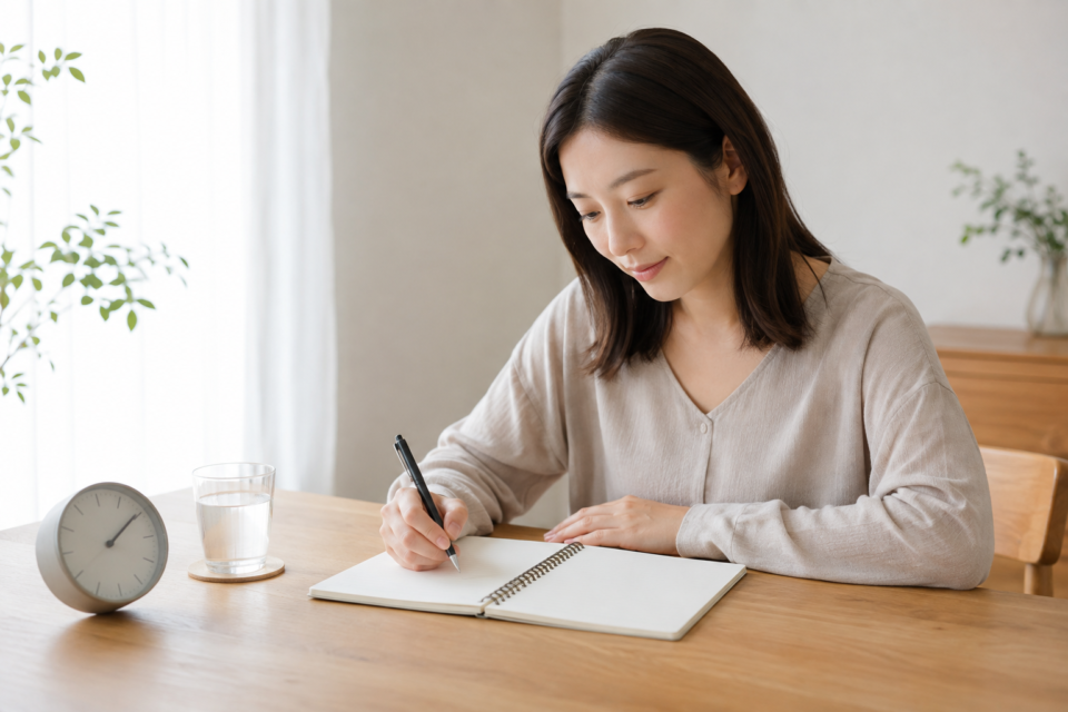 頭痛の経過を記録する女性