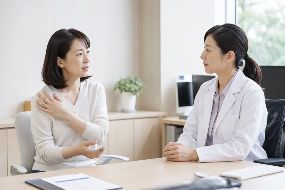 腕の違和感について白衣の女性へ相談する女性