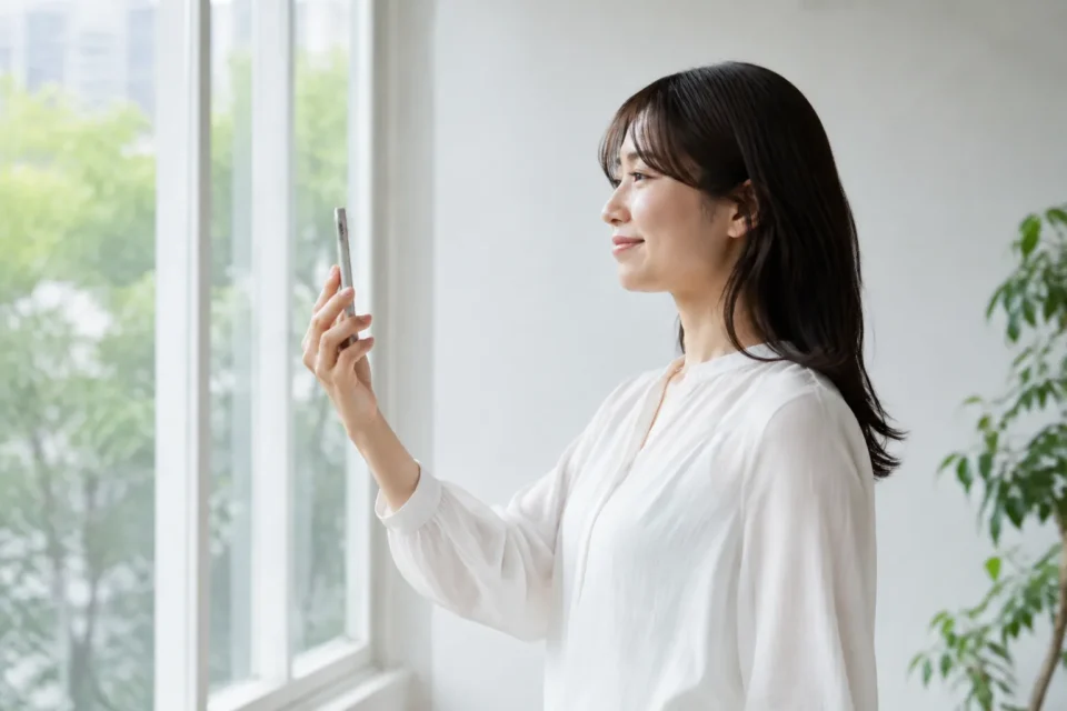 スマートフォンを目線に近い高さで見る女性