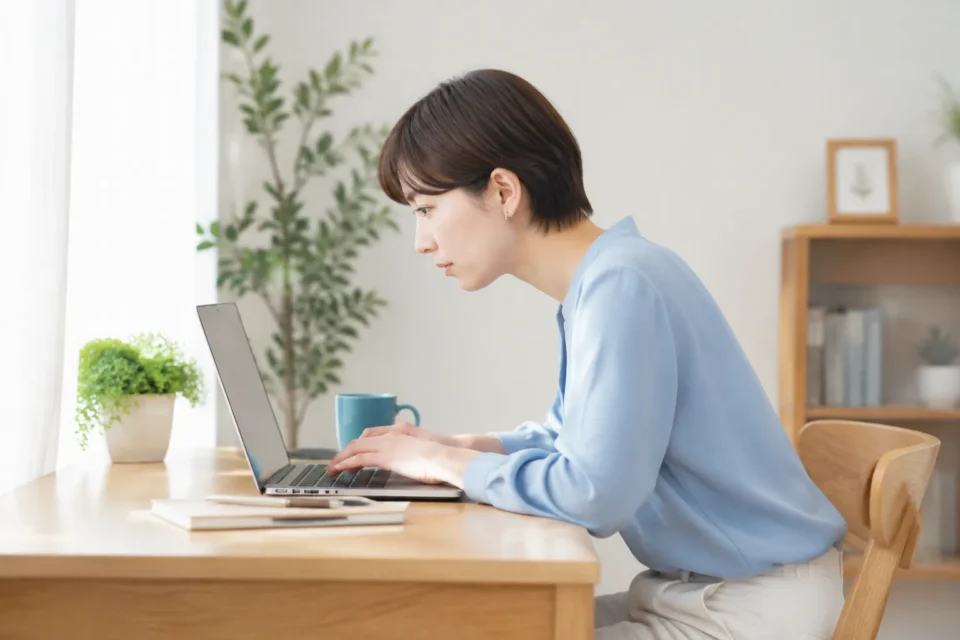 低いノートパソコンをのぞき込み頭が前へ出た女性