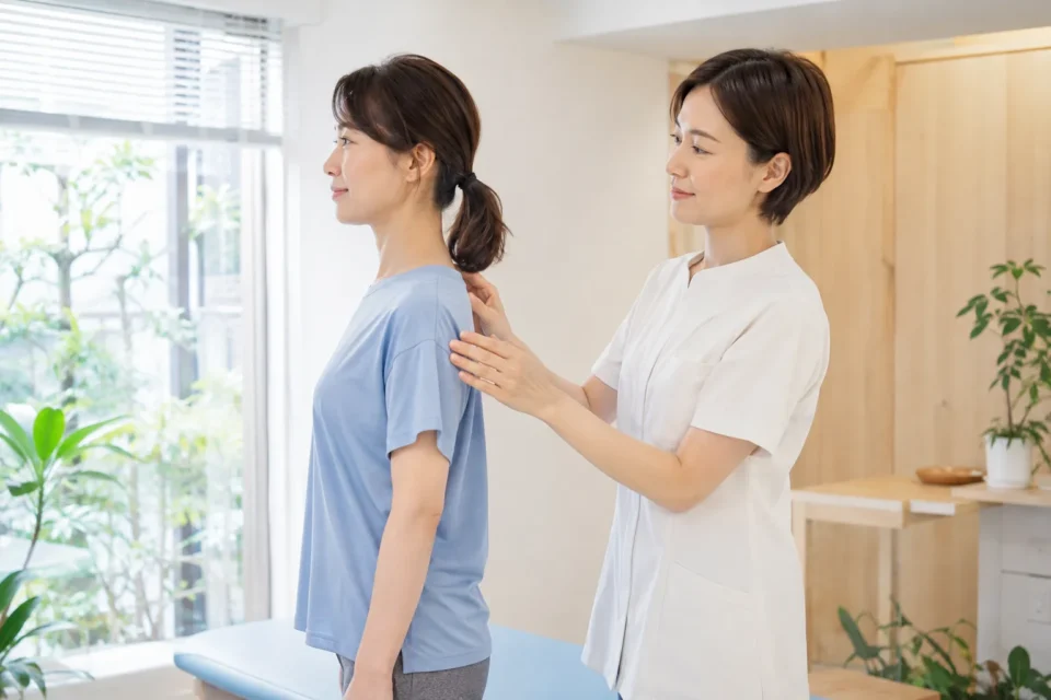 女性施術者が首と肩の姿勢を確認する様子