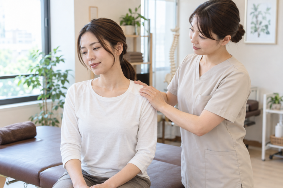女性施術者が首と肩の状態を確認している様子