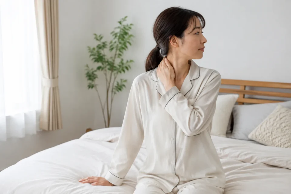 朝起きて首の動かしにくさを確認する女性