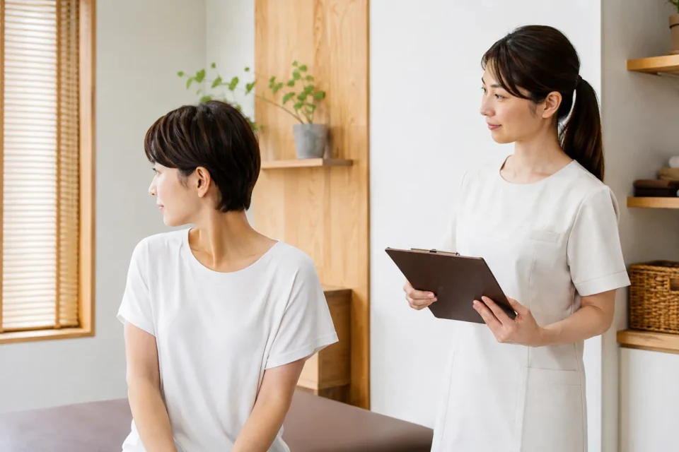 女性施術者が首を動かせる範囲を確認する様子