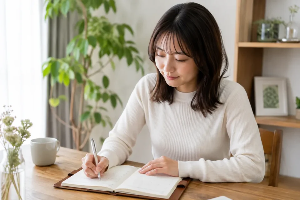気になる症状や相談したいことを手帳に記録する女性