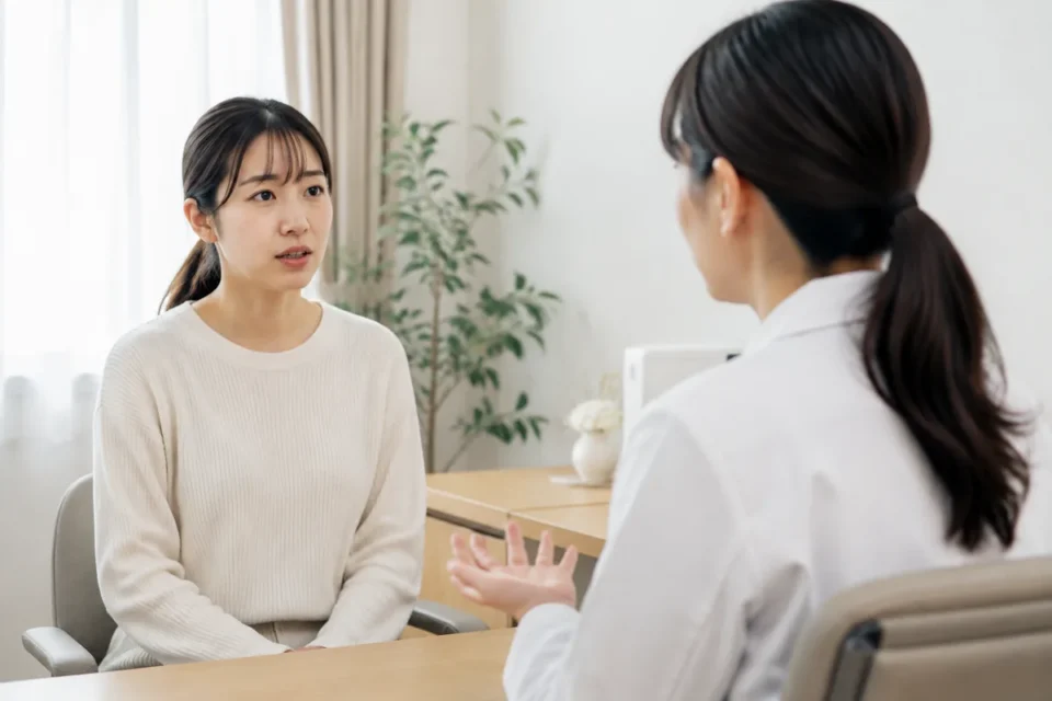 症状について女性医師へ相談する女性