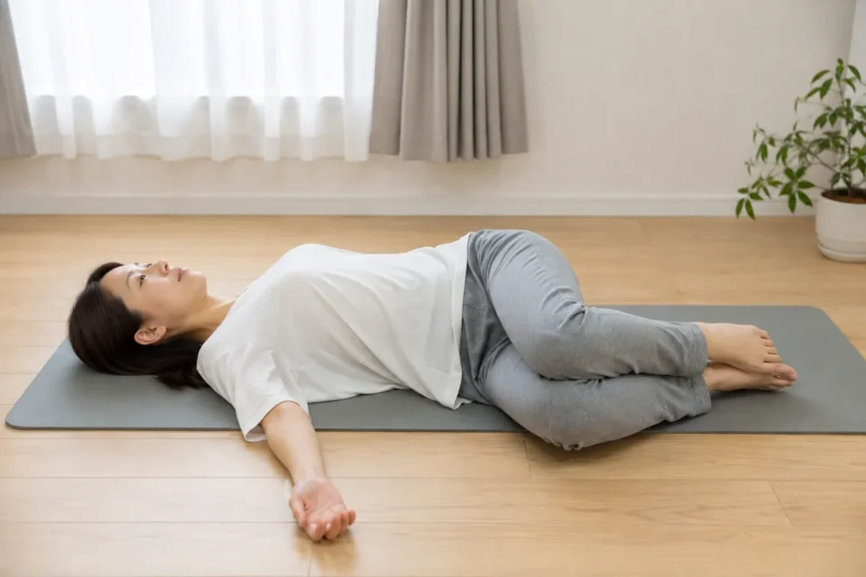 仰向けで両膝を横へ倒す女性