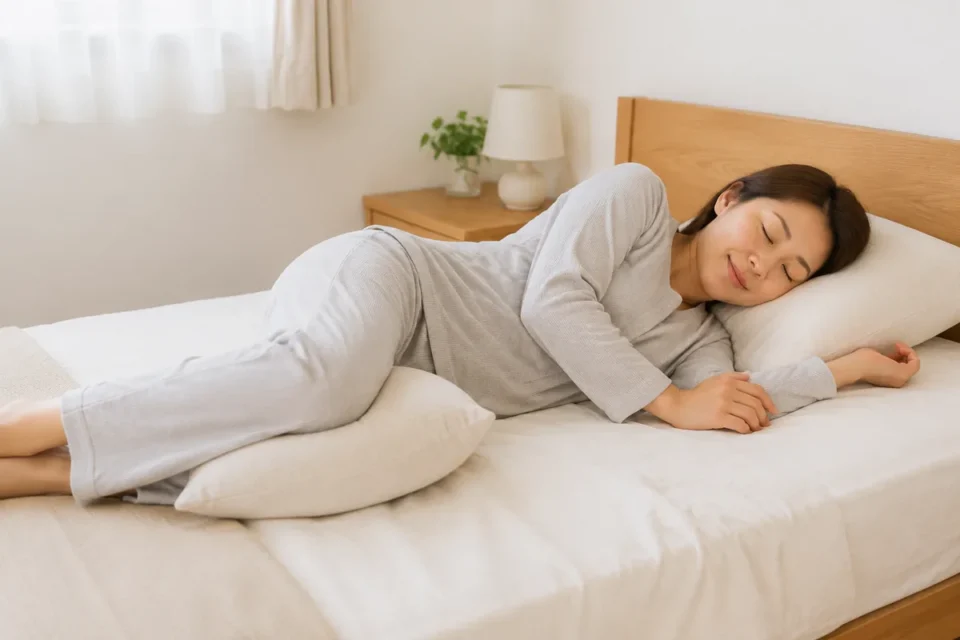 膝の間にクッションを挟み横向きで休む女性