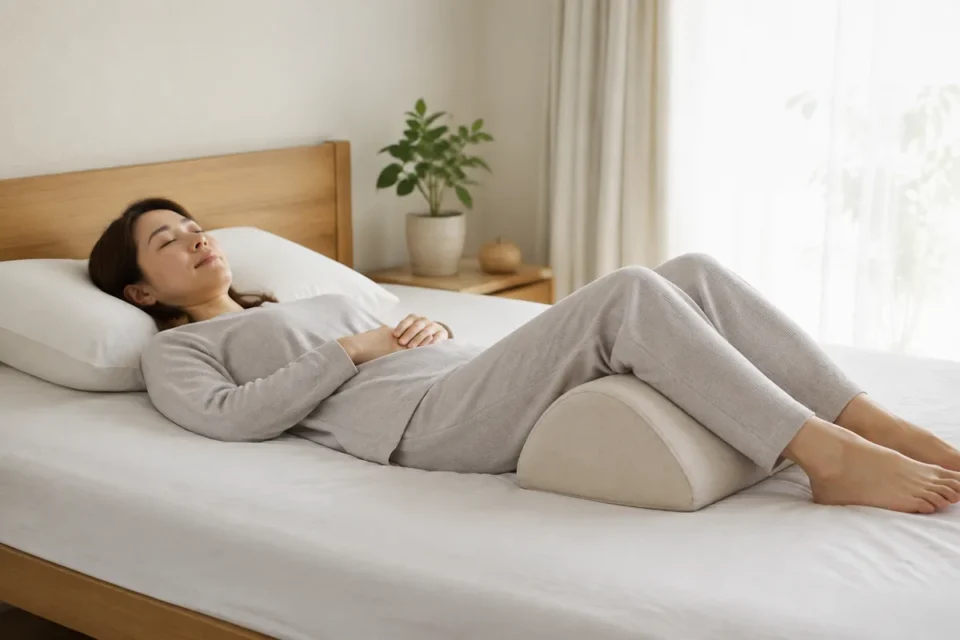 膝の下にクッションを置き仰向けで休む女性