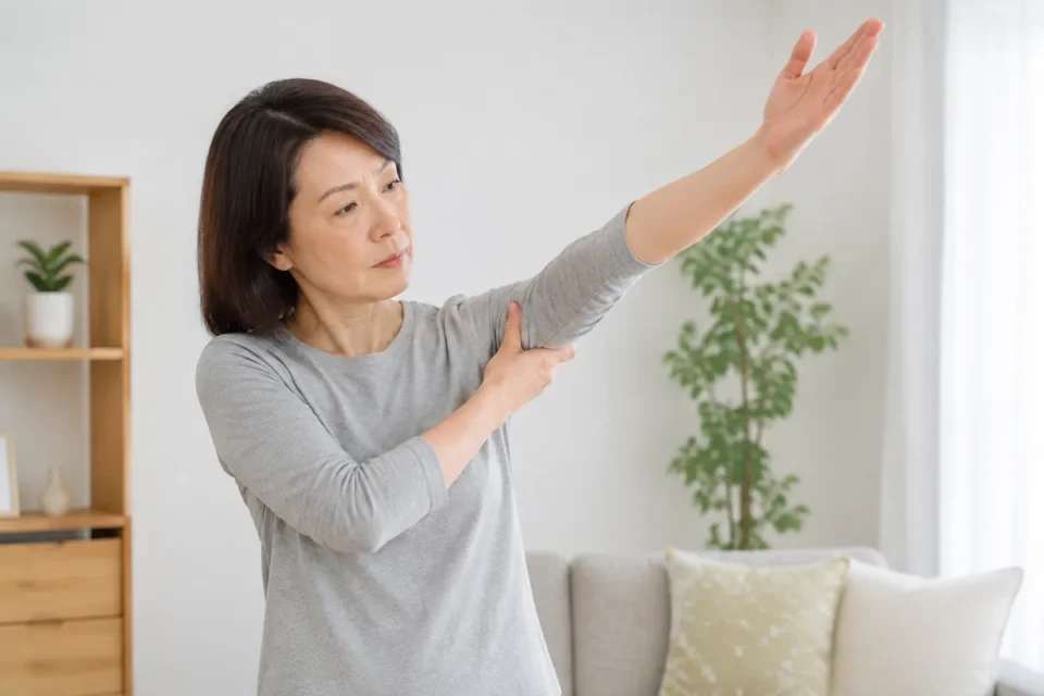 腕を上げたときの肩の動かしにくさを確認する女性