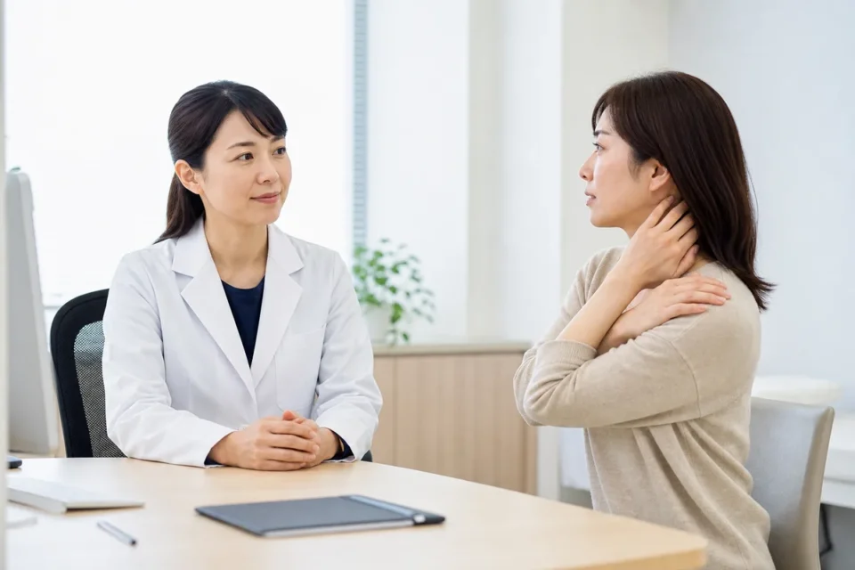 首と肩の症状について白衣の女性へ相談する女性