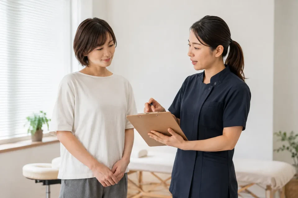 日常動作について女性施術者から説明を受ける女性