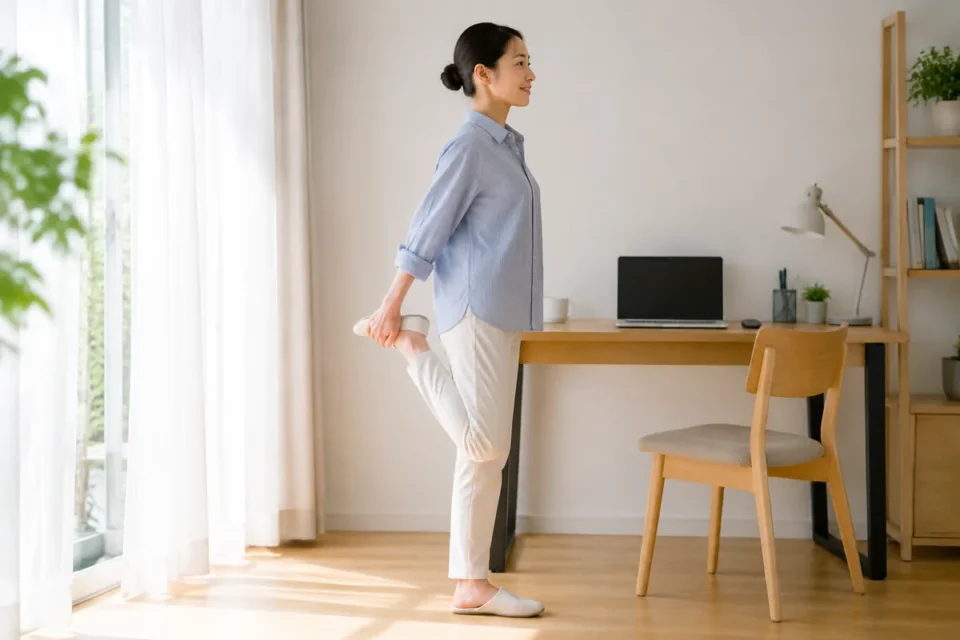 デスクワークの合間に立って身体を動かす女性