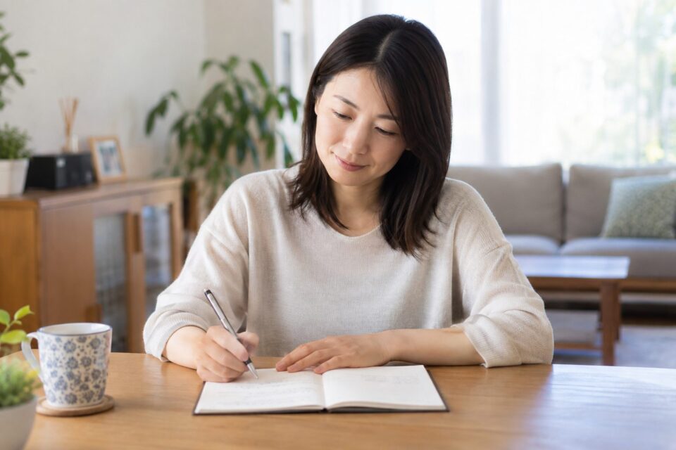 肩のつらさが出る場面をノートに記録する女性