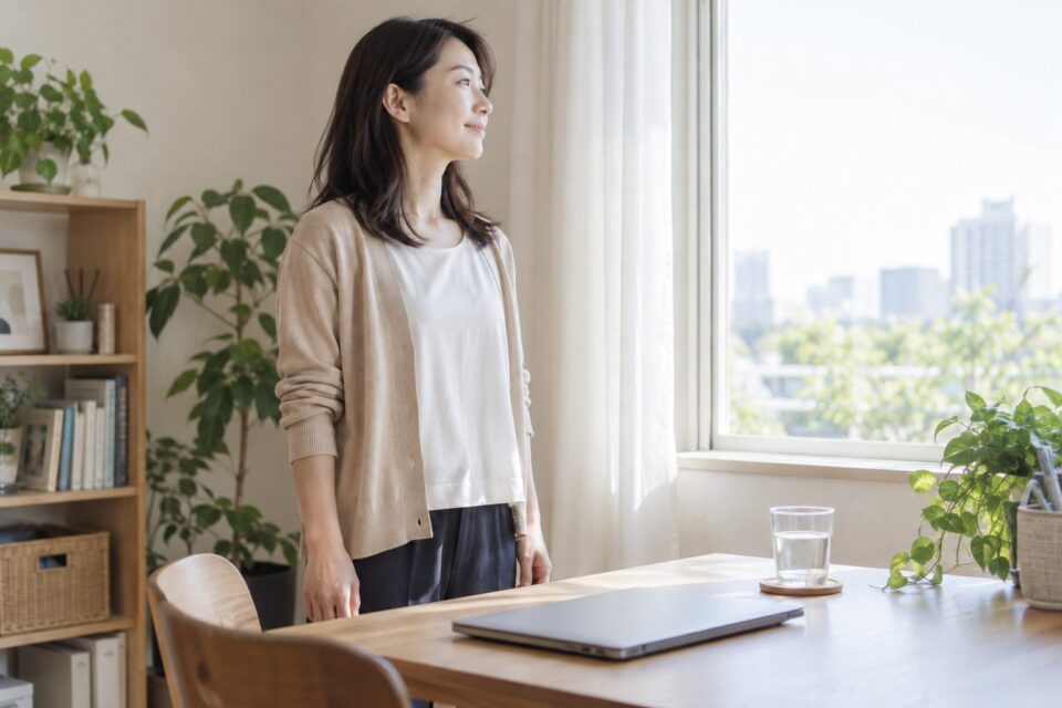 パソコン作業を中断し、机の横に立って休憩する女性