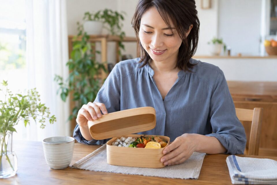 ご飯と卵、野菜を入れたお弁当を開く女性