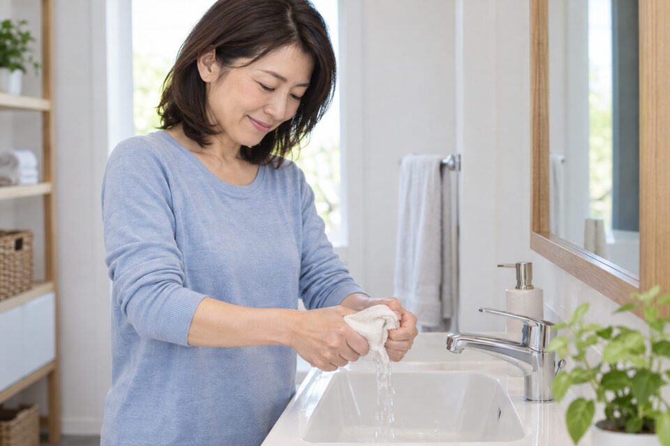 洗面台で清潔なタオルをぬらし、軽く絞る女性