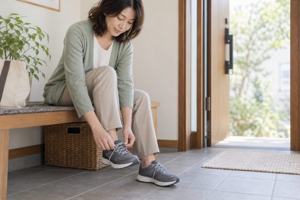 玄関で靴のひもと履き心地を確認する女性