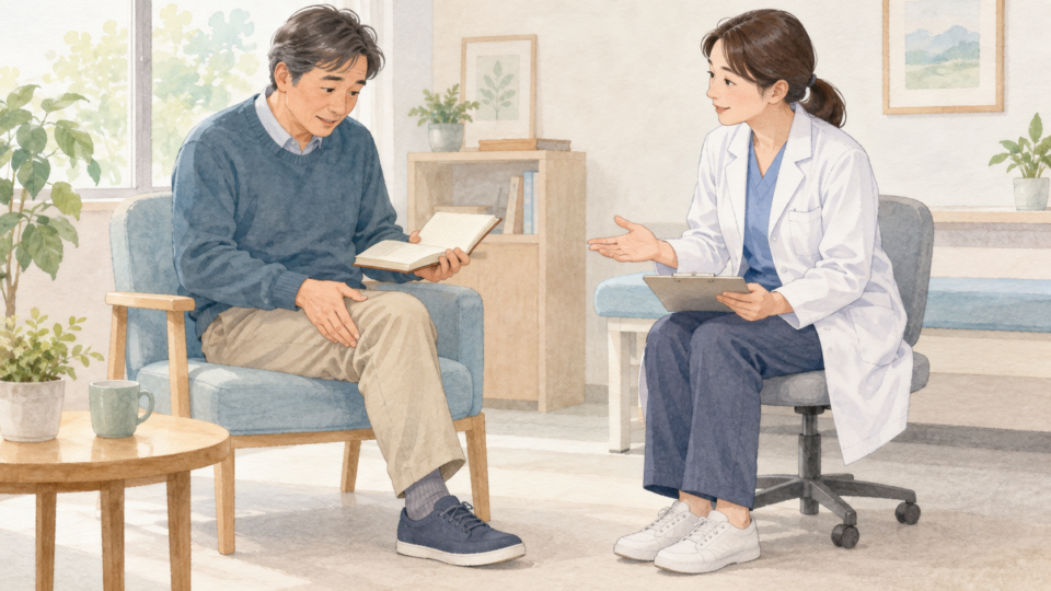 膝の症状メモを使って相談する場面