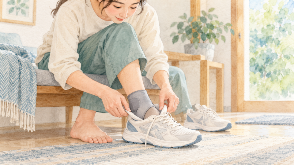 サポーターを着けた足と靴の相性を確認する場面