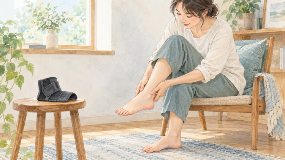 サポーターを外して足首の皮膚を確認する人物