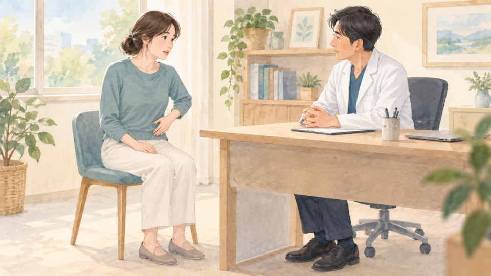 左側の脇腹を示しながら相談する人物