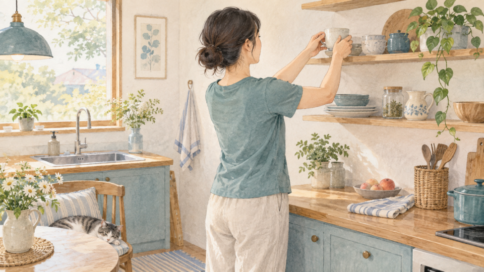 棚のカップへ手を伸ばす日常動作のイメージ