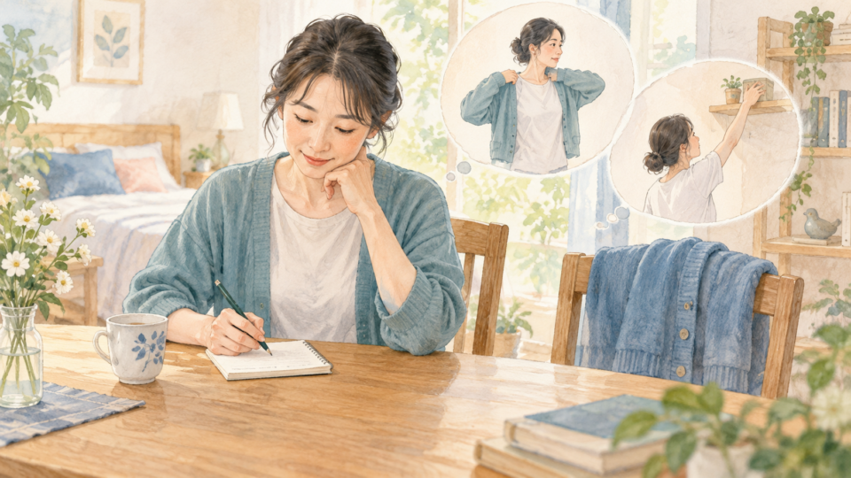 着替えや棚へ手を伸ばす場面を振り返って記録する人物