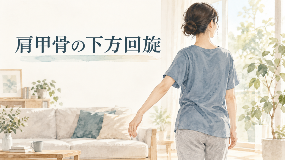 肩甲骨の下方回旋を考えるために腕を下ろす人物の説明画像