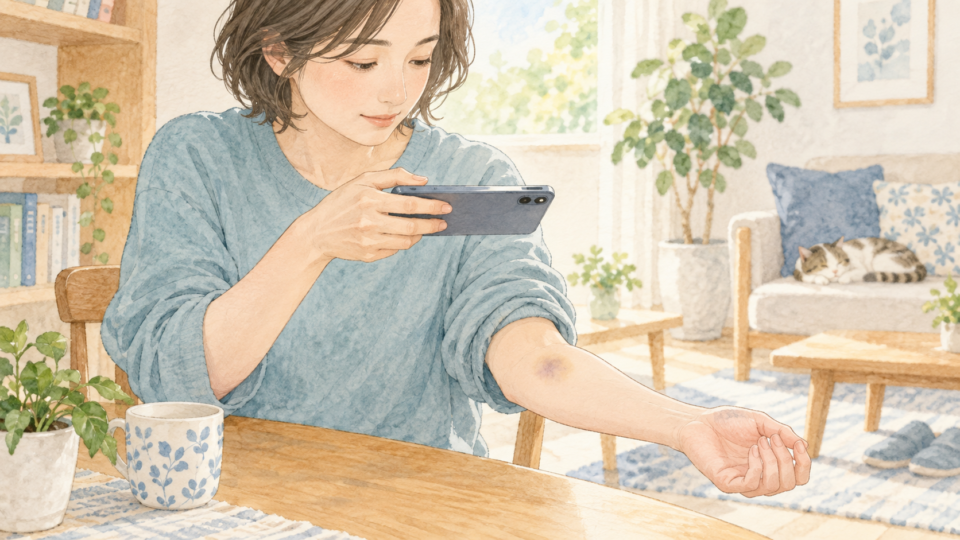 腕のあざをスマートフォンで記録する場面