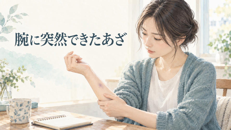 腕にできたあざを確認する人物の説明用イラスト