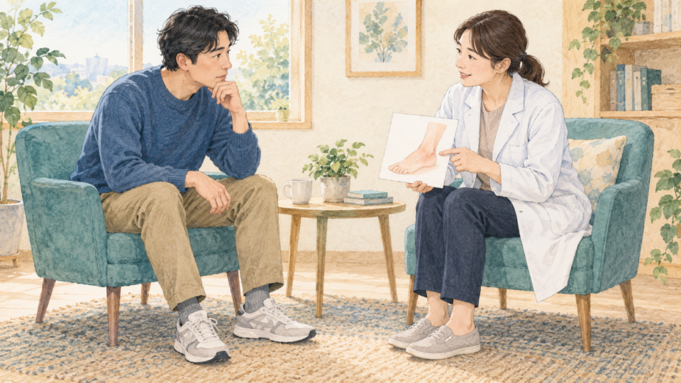 足の図を見ながら痛む場所を相談する場面