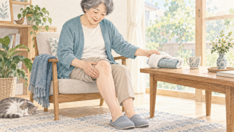 温熱パックを外して膝の皮膚を確認する場面