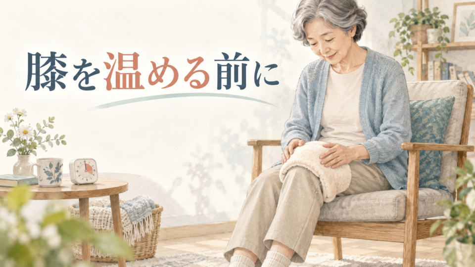 衣服の上から膝へ温かいタオルを当てる人物