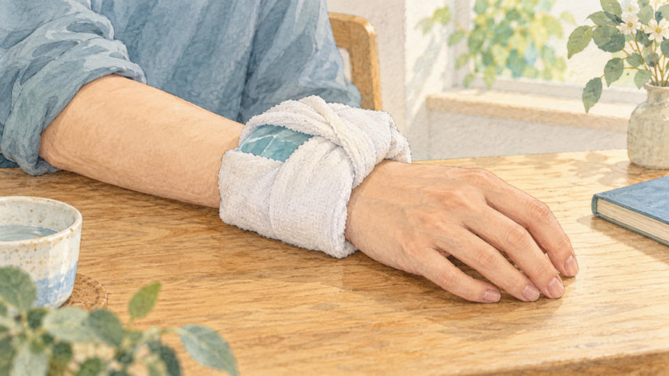 布を挟んで手首へ冷却用品を当てる説明用イメージ