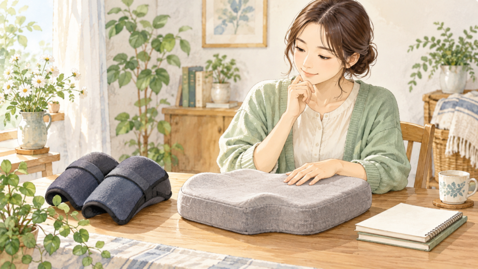 膝当てと厚みのあるクッションを見比べて作業を見直すイラスト