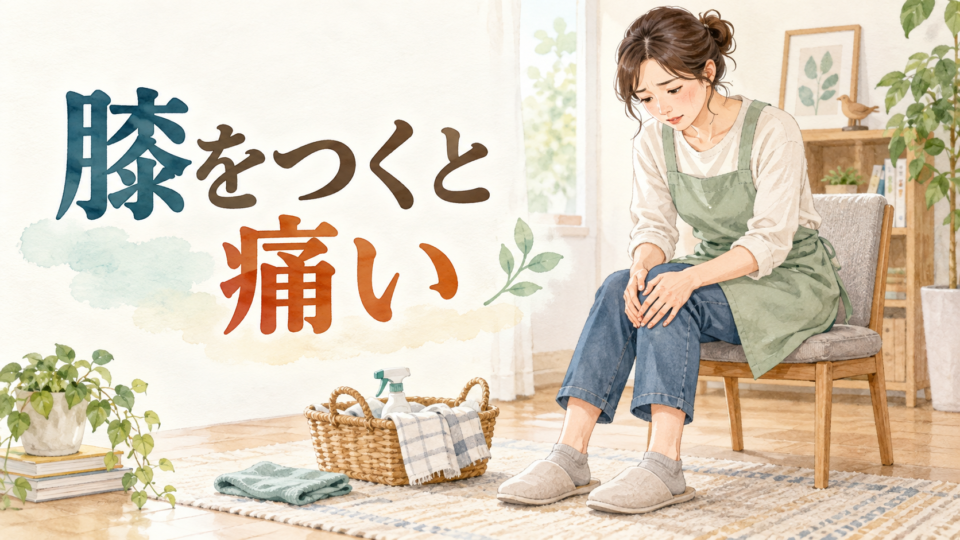 床掃除の後に椅子へ座り膝の様子を確認する女性のイラスト
