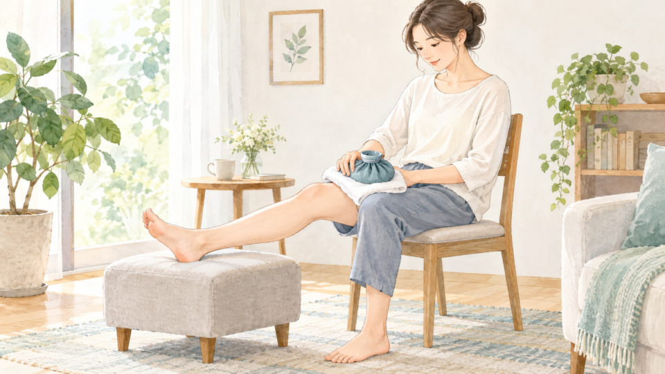 椅子に座り、布を介して太ももを冷やす女性の説明用イラスト