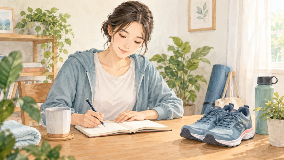 運動靴をそばに置いて回復中の様子を記録する女性のイラスト