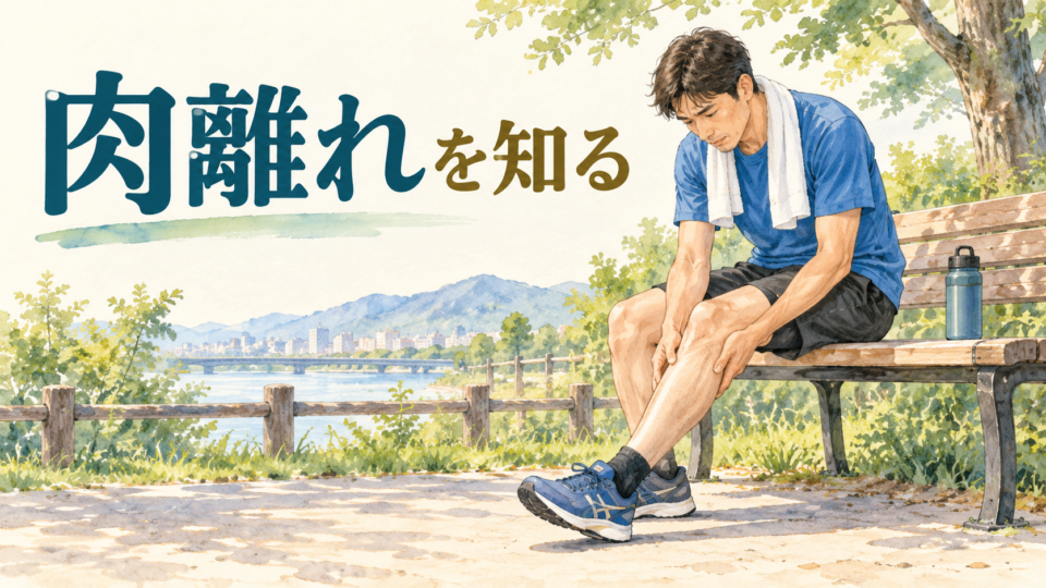 運動を中断してベンチで脚を休める男性の説明用イラスト