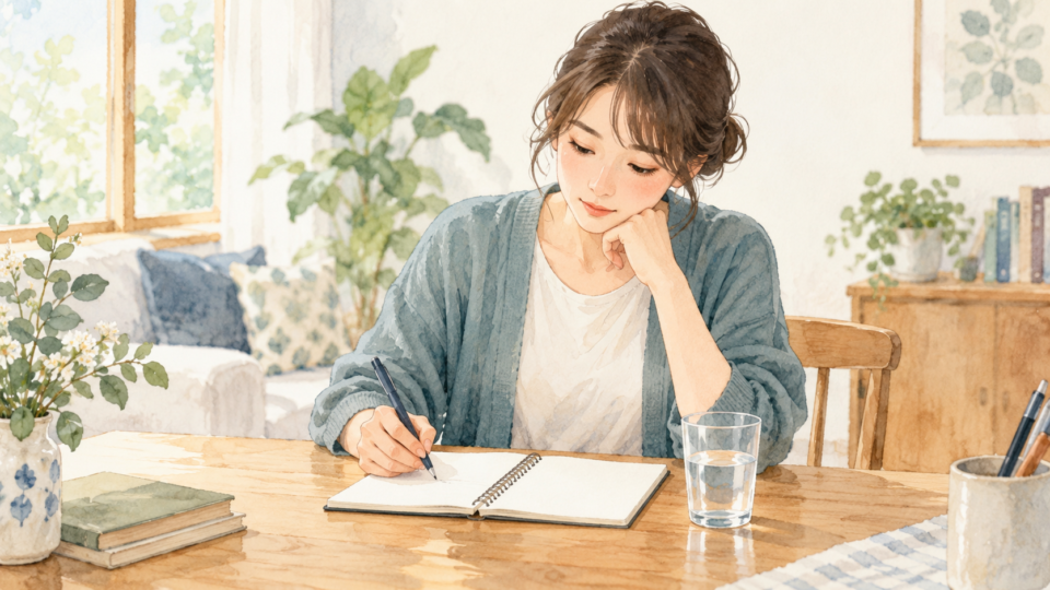 水の入ったコップをそばに置き症状をノートへ記録する女性のイラスト