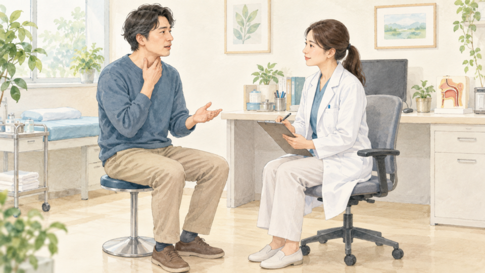 喉の症状について医療者に相談する男性の説明用イラスト