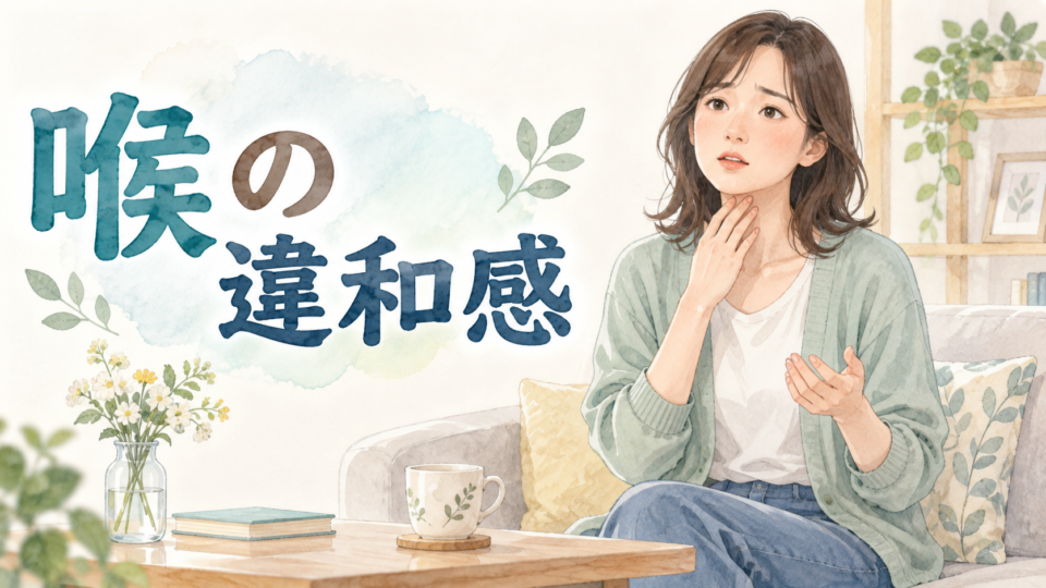 喉の違和感を気にして首の前に軽く手を添える女性のイラスト