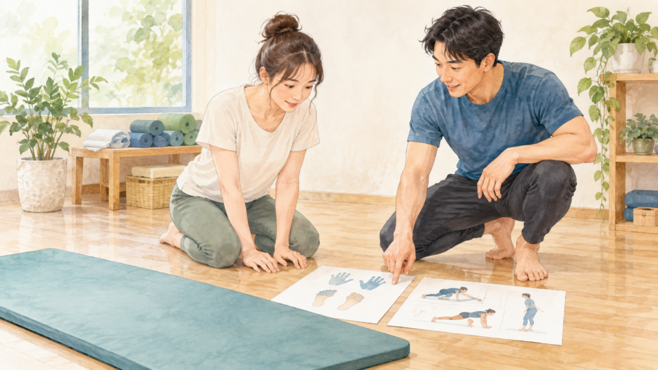 手足の図を見ながら側転の動きを確認する二人のイラスト
