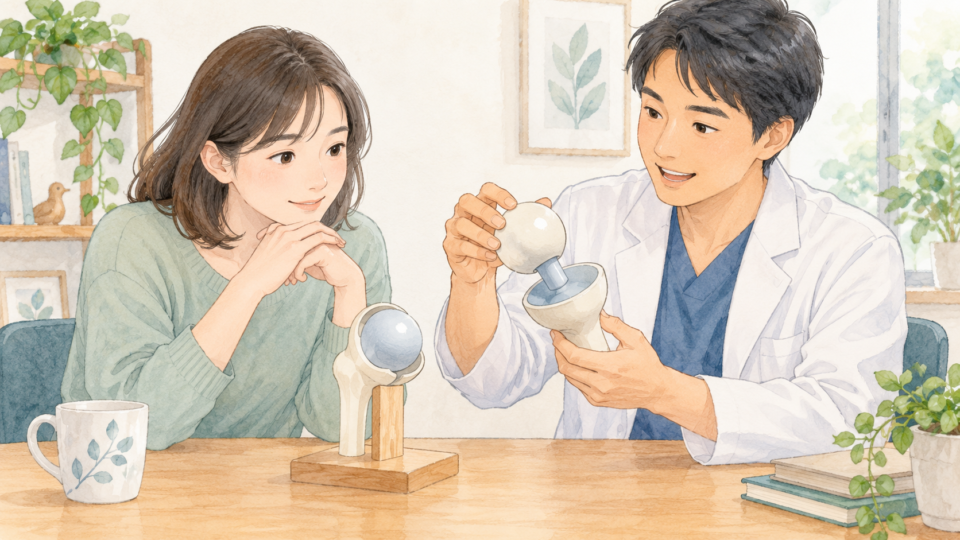 球と受け皿の関係を単純化した模型で関節のしくみを説明するイラスト