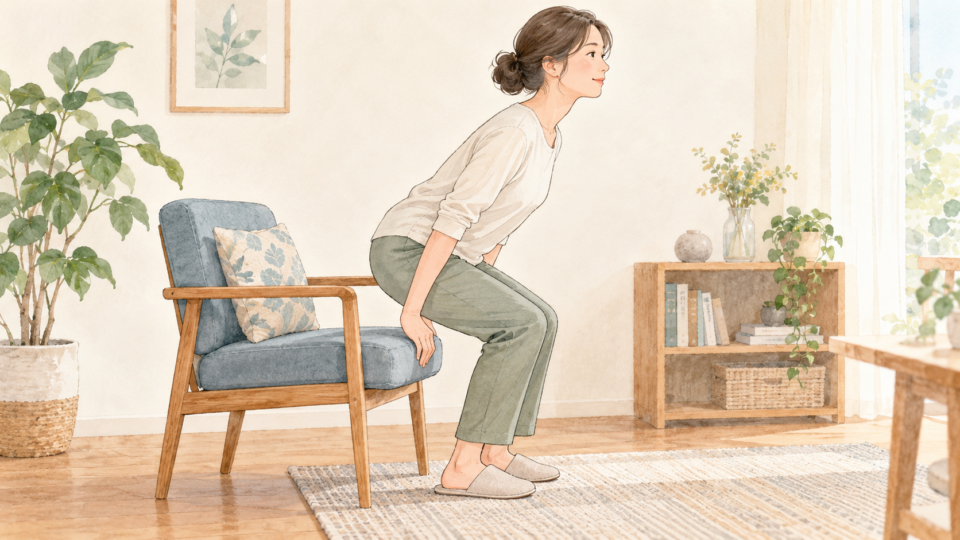 椅子からゆっくり立ち上がる女性の説明用イラスト