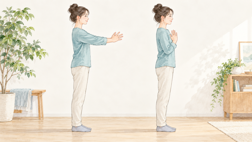腕の位置の違いを示す二つの姿勢の女性の説明用イラスト