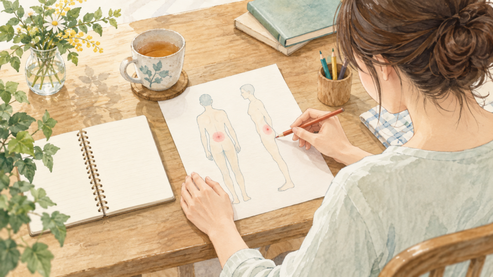 体の輪郭を描いた用紙に痛む範囲を記録する女性のイラスト