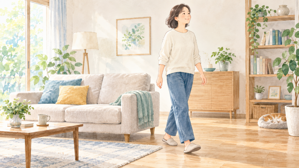 室内で無理のない範囲の歩行をする女性のイラスト