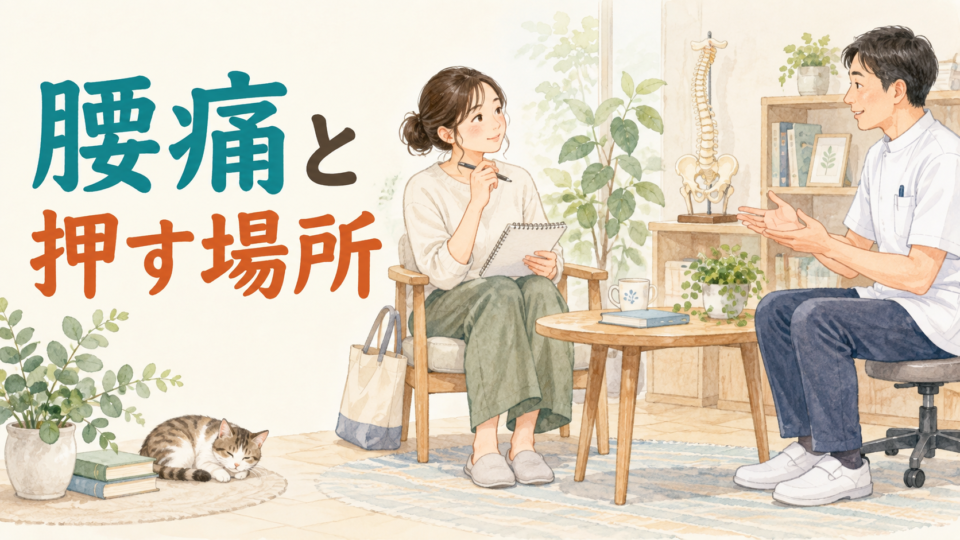 腰の痛みについて医療者と話し合う女性の説明用イラスト